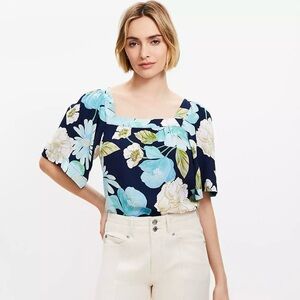 Loft Flowy Bright Blue Floral Square Neck Blouse Large Petite New with tags